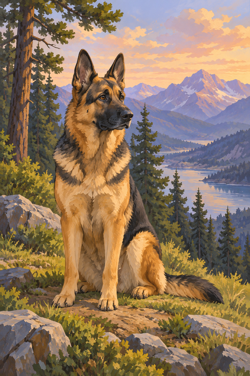 A German shepherd watches from the edge of a pine clearing, with lavender mountains in the distance.