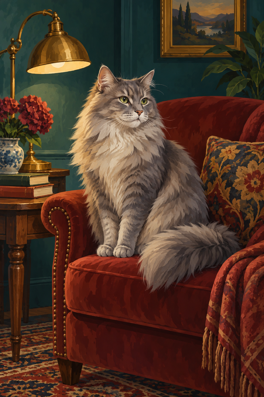 A long-haired grey cat sits beside a brass reading lamp, a wine-red armchair and a deep teal backdrop.