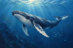 A humpback whale moves through the deep blue ocean beneath faint shafts of sunlight.