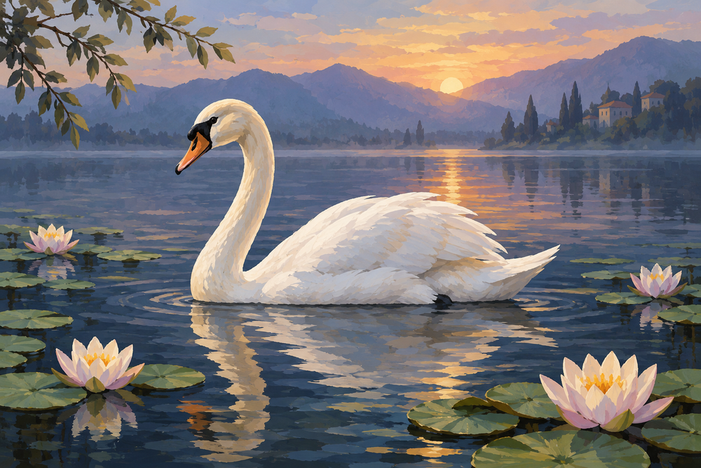 A white swan glides across a dark lake among pale water lilies in the quiet light of dawn.