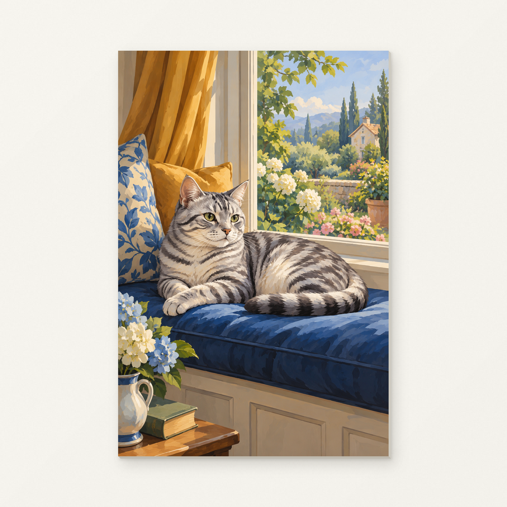Silver Tabby Cat on a Blue Window Cushion Paint by Numbers Kit — original artwork displayed as a canvas on a warm off-white wall.