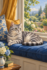 A silver tabby rests on a deep-blue window cushion beside an ochre curtain and a softly lit garden view.