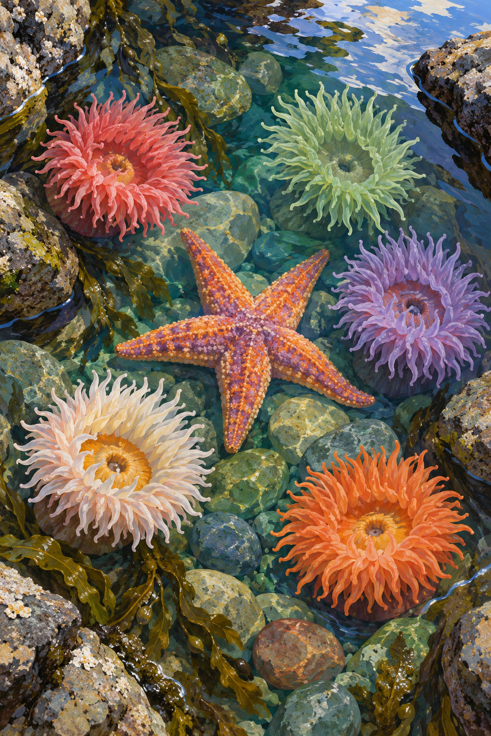 Sea anemones, a starfish and smooth stones gather in a clear jade tidepool reflecting the sky.