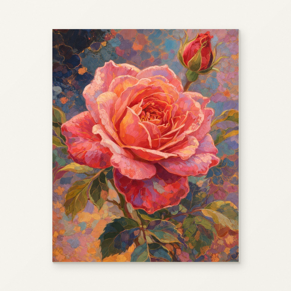 Romantic Flower in Warm Colors Paint by Numbers Kit — original artwork displayed as a canvas on a warm off-white wall.