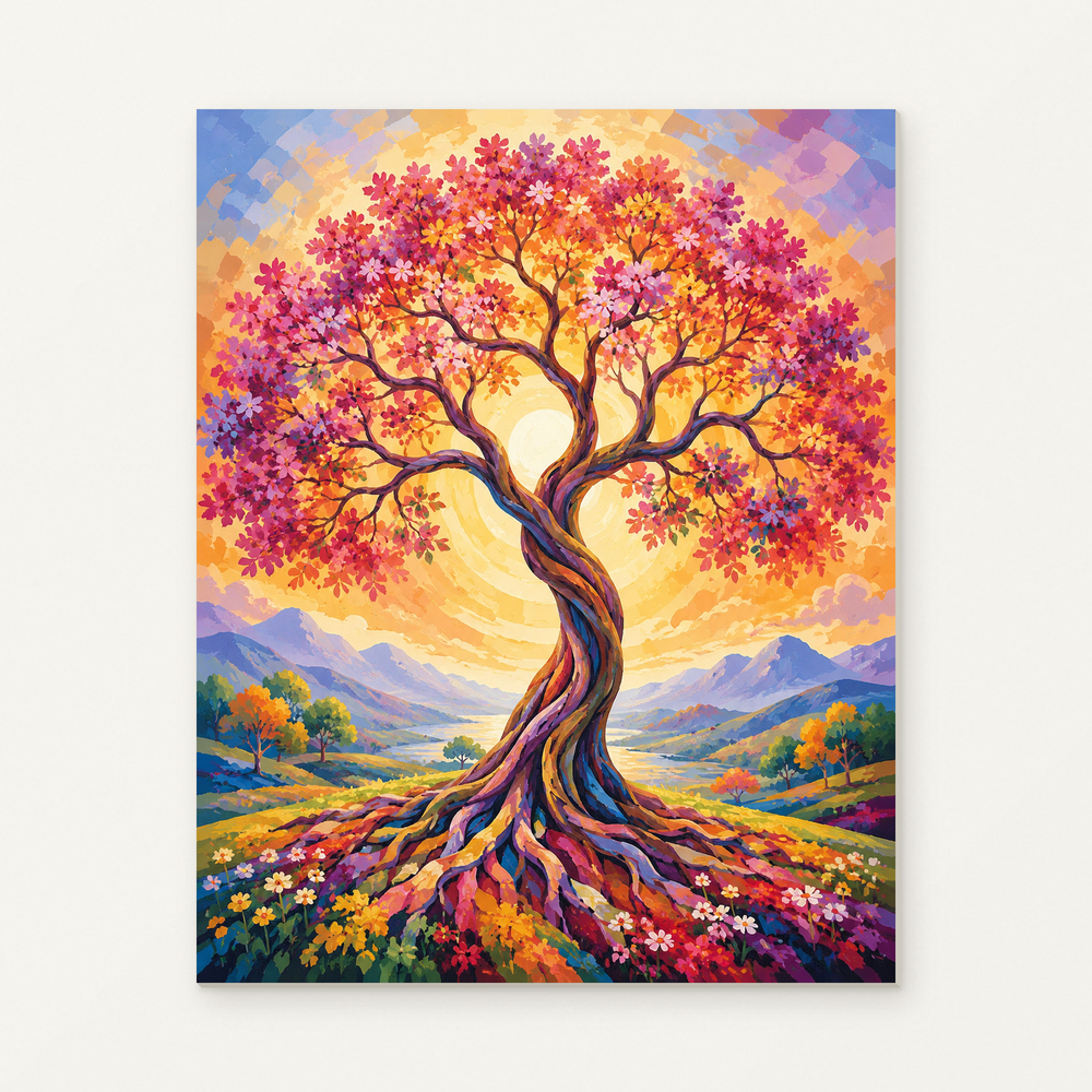 Tree of Life Paint by Numbers Kit — original artwork displayed as a canvas on a warm off-white wall.
