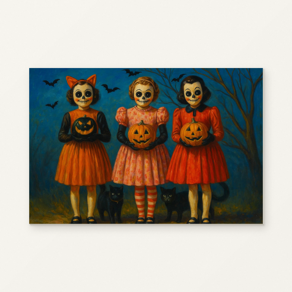 Retro Pumpkin Sisters Paint by Numbers Kit — original artwork displayed as a canvas on a warm off-white wall.