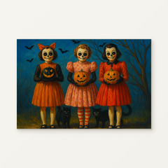 Retro Pumpkin Sisters Paint by Numbers Kit — original artwork displayed as a canvas on a warm off-white wall.