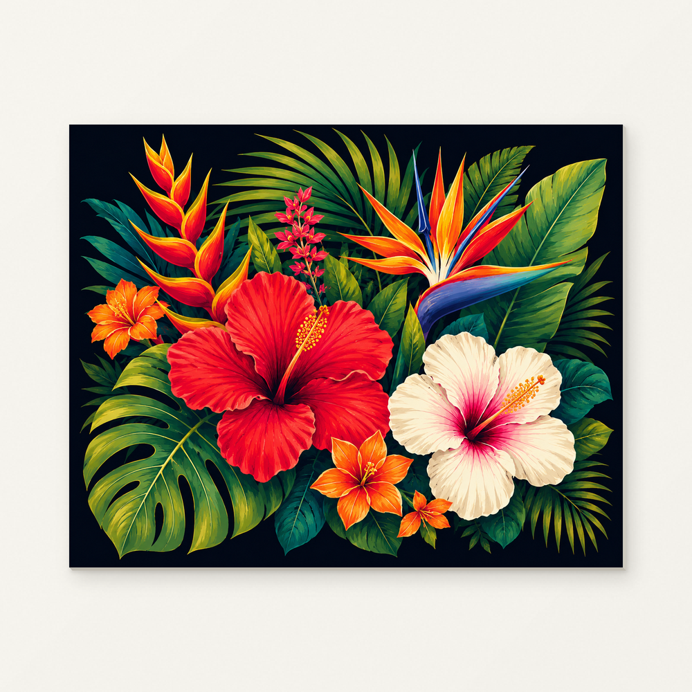 Hibiscus and Bird of Paradise Flowers Paint by Numbers Kit — original artwork displayed as a canvas on a warm off-white wall.