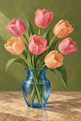 Pink and apricot tulips bend from a blue glass vase on a warm stone table against an olive-green wall.
