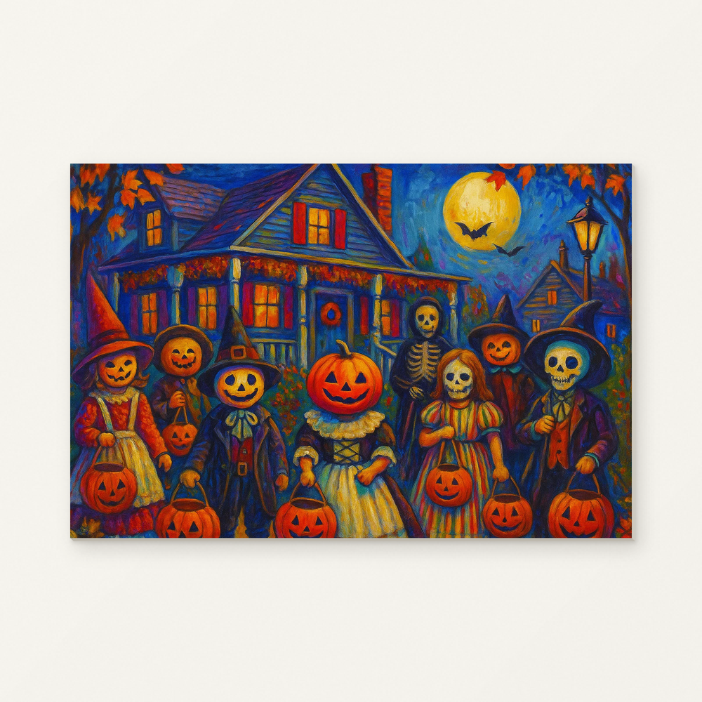 Victorian House Halloween Party Paint by Numbers Kit — original artwork displayed as a canvas on a warm off-white wall.