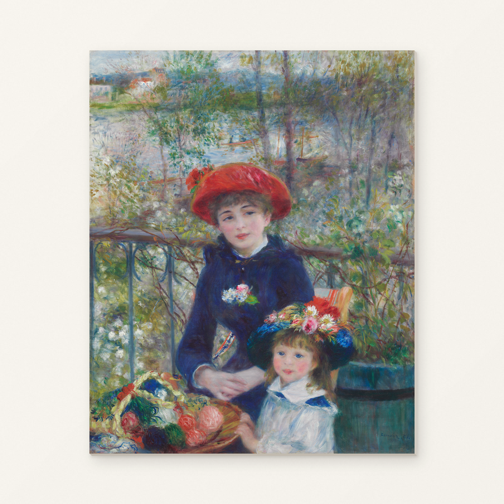 Two Sisters (On the Terrace) — complete artwork displayed on a canvas against a warm off-white wall.