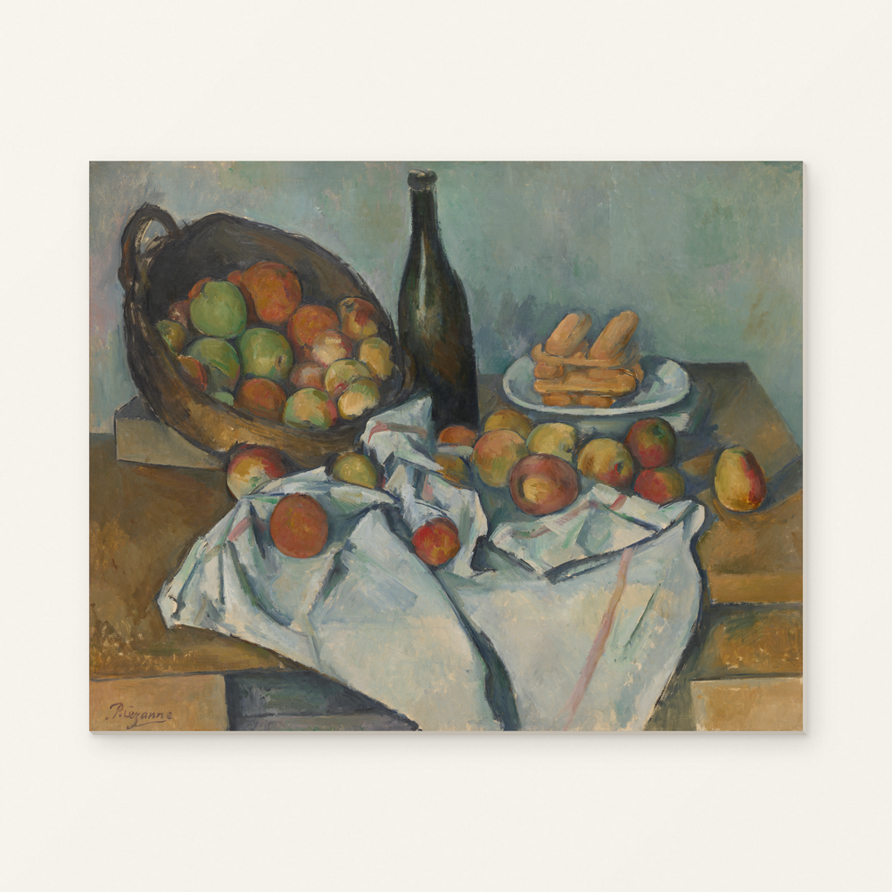 The Basket of Apples — complete artwork displayed on a canvas against a warm off-white wall.