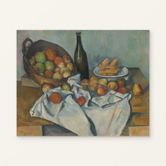 The Basket of Apples — complete artwork displayed on a canvas against a warm off-white wall.