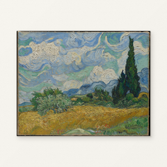 Wheat Field with Cypresses — complete artwork displayed on a canvas against a warm off-white wall.
