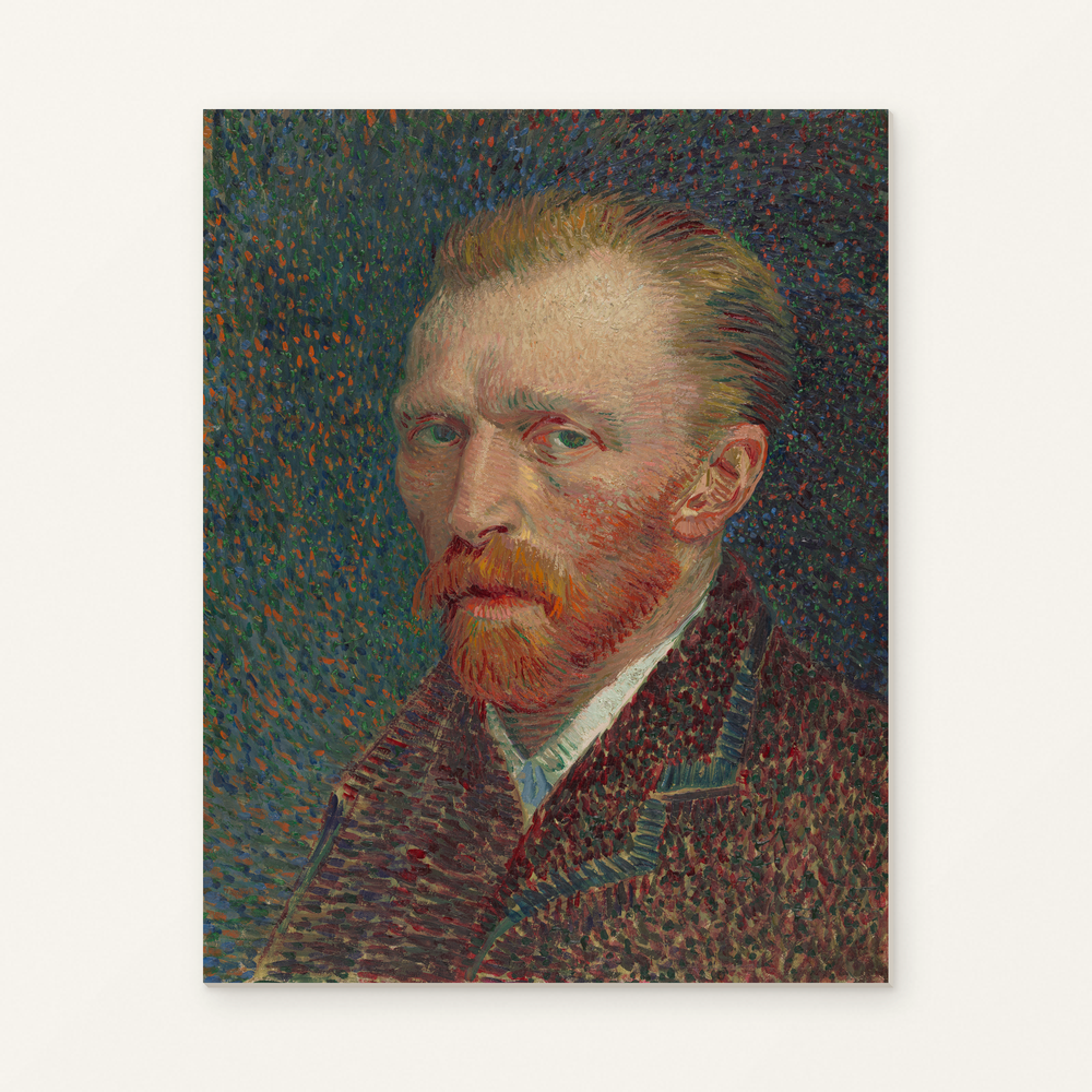 Self-Portrait — complete artwork displayed on a canvas against a warm off-white wall.