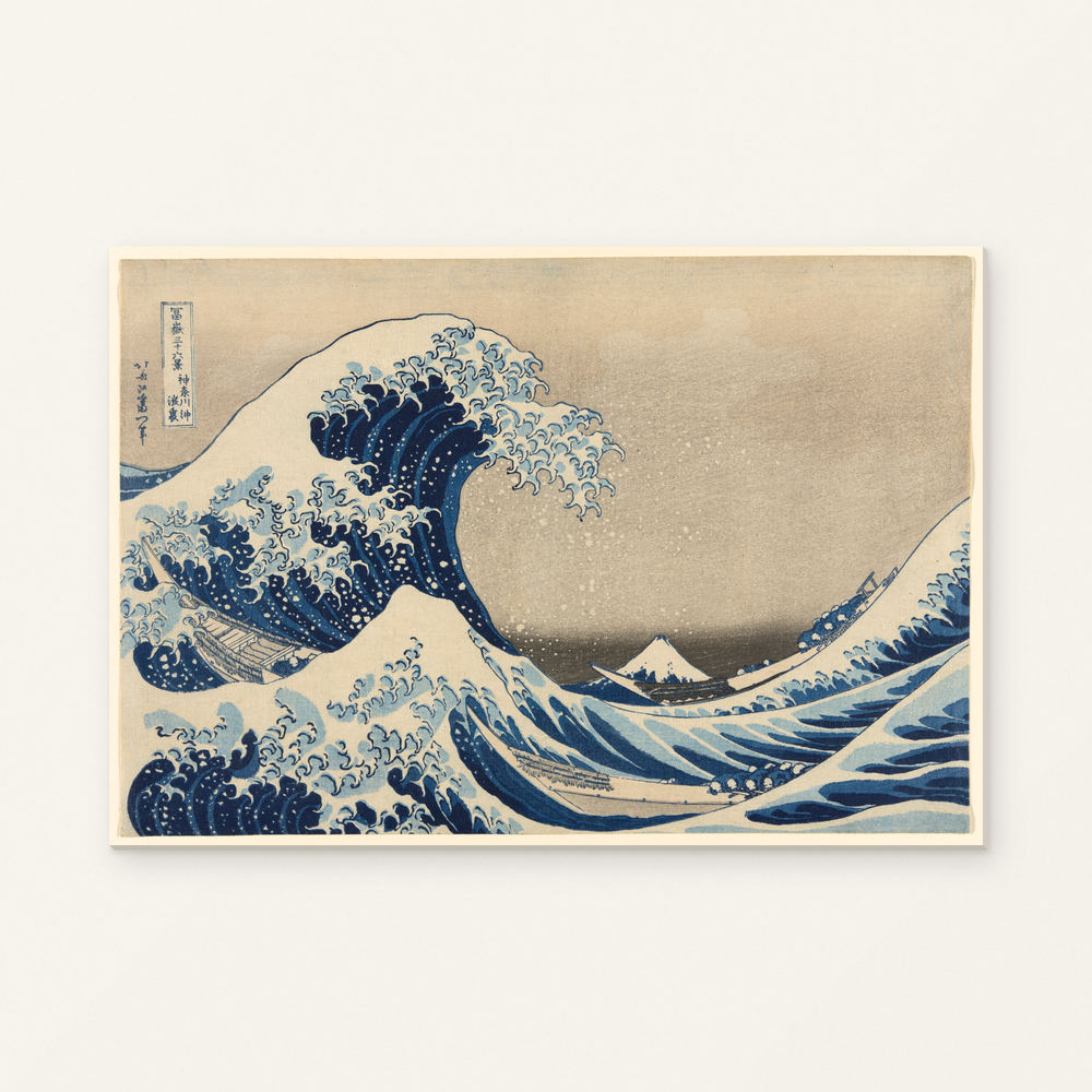 Under the Wave off Kanagawa (Kanagawa oki nami ura), also known as The Great Wave, from the series "Thirty-Six Views of Mount Fuji (Fugaku sanjūrokkei)" — complete artwork displayed on a canvas against a warm off-white wall.