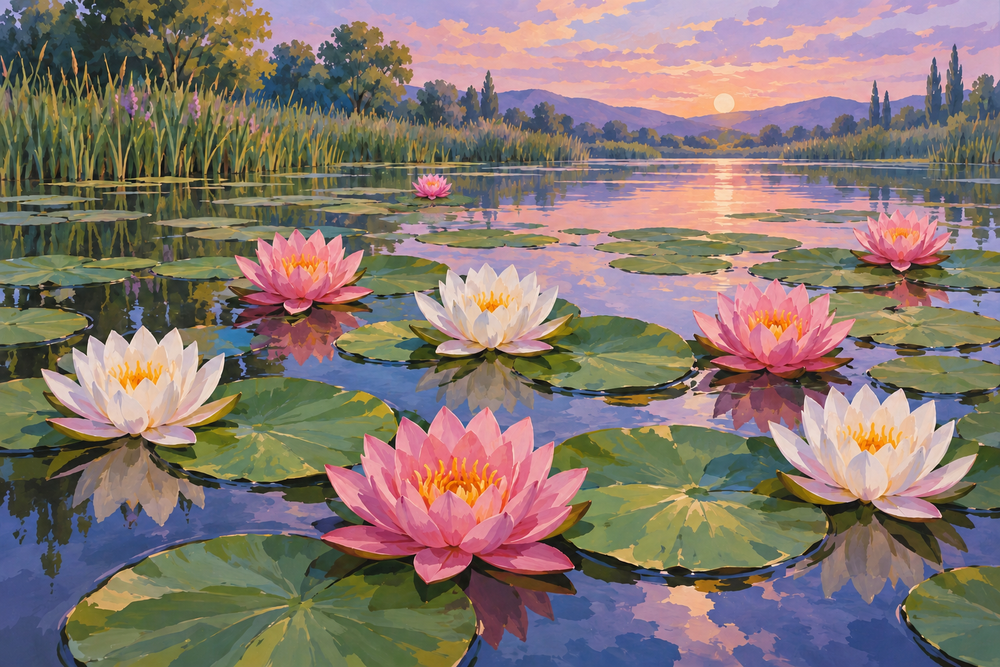 Pink and white water lilies float among green leaves on a tranquil pond reflecting a lavender sky.