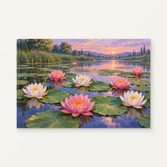 Pink and White Water Lilies on a Pond Paint by Numbers Kit — original artwork displayed as a canvas on a warm off-white wall.
