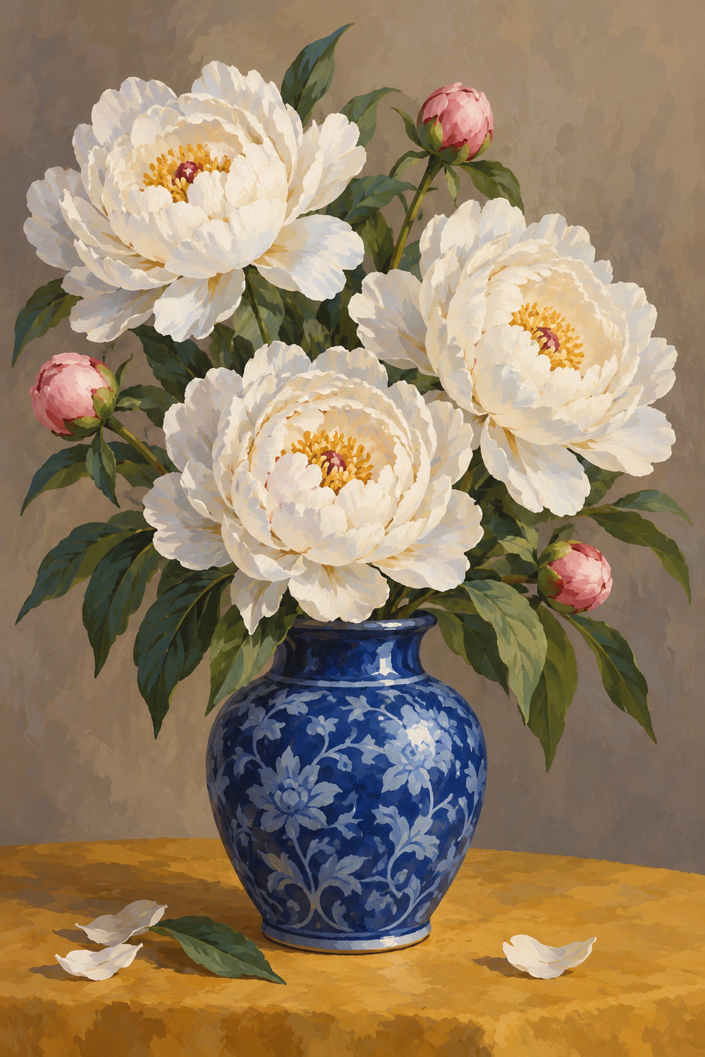 White peonies and pink buds fill a cobalt vase on an ochre table against a quiet taupe backdrop.
