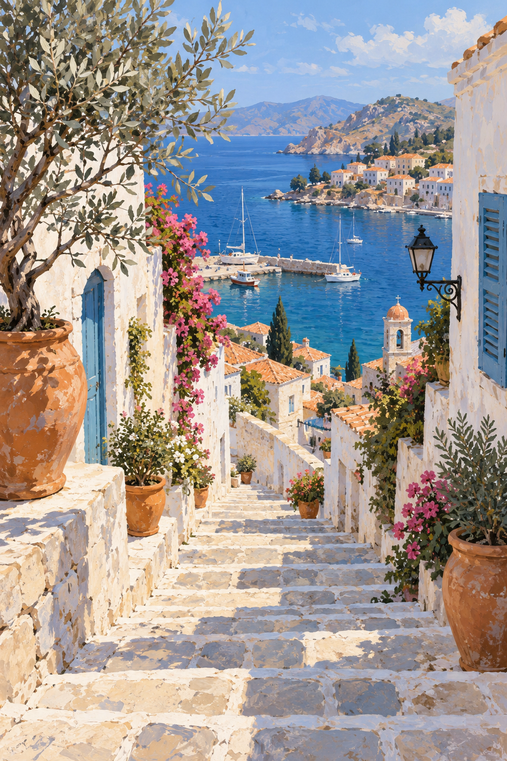 Weathered white stone stairs with terracotta pots and one olive branch descend through a coastal village to a blue harbor, balanced architecture and generous blue water.