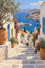 Weathered white stone stairs with terracotta pots and one olive branch descend through a coastal village to a blue harbor, balanced architecture and generous blue water.