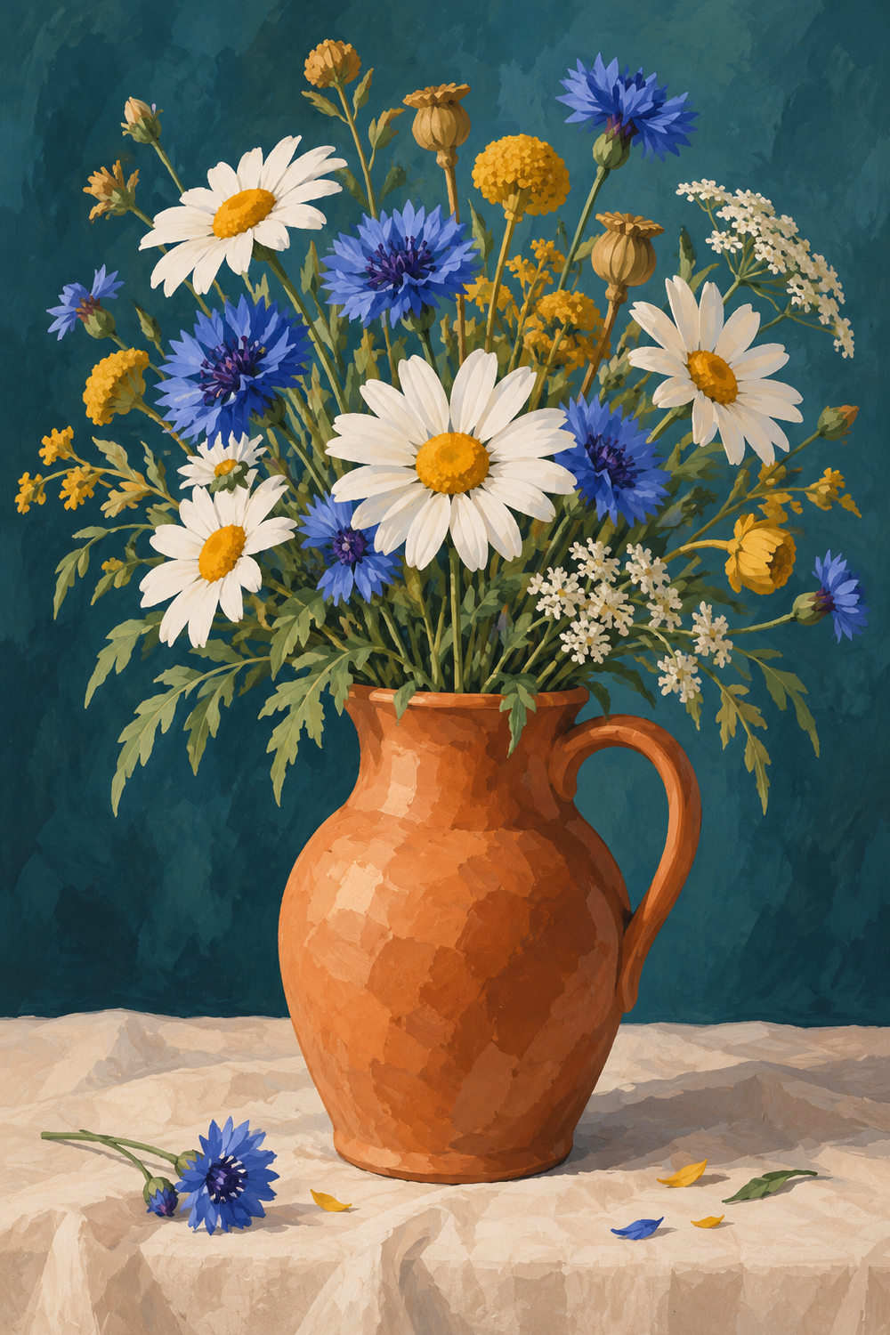 An airy bunch of daisies, cornflowers and a few ochre seed heads in a terracotta pitcher, pale linen surface and deep teal backdrop, distinct larger blooms.