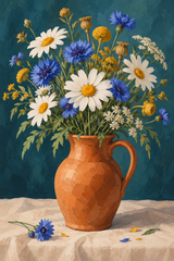 An airy bunch of daisies, cornflowers and a few ochre seed heads in a terracotta pitcher, pale linen surface and deep teal backdrop, distinct larger blooms.