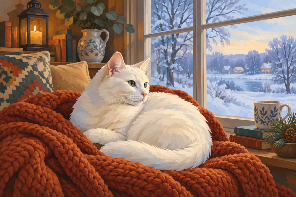 A white cat curls on a rust-colored blanket beside a window overlooking snowy trees in soft winter light.