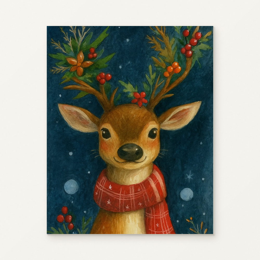 Winter Glow Reindeer Paint by Numbers Kit — original artwork displayed as a canvas on a warm off-white wall.