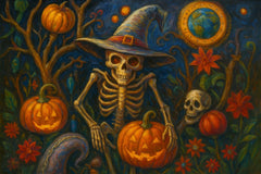Witch Skeleton Among Pumpkins