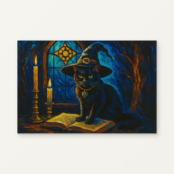Black Cat of the Midnight Spell Paint by Numbers Kit — original artwork displayed as a canvas on a warm off-white wall.