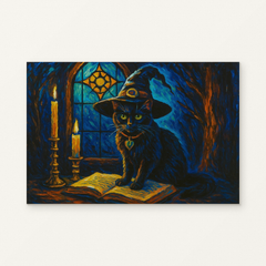 Black Cat of the Midnight Spell Paint by Numbers Kit — original artwork displayed as a canvas on a warm off-white wall.