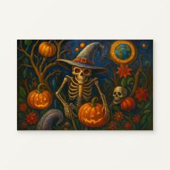 Witch Skeleton Among Pumpkins Paint by Numbers Kit — original artwork displayed as a canvas on a warm off-white wall.