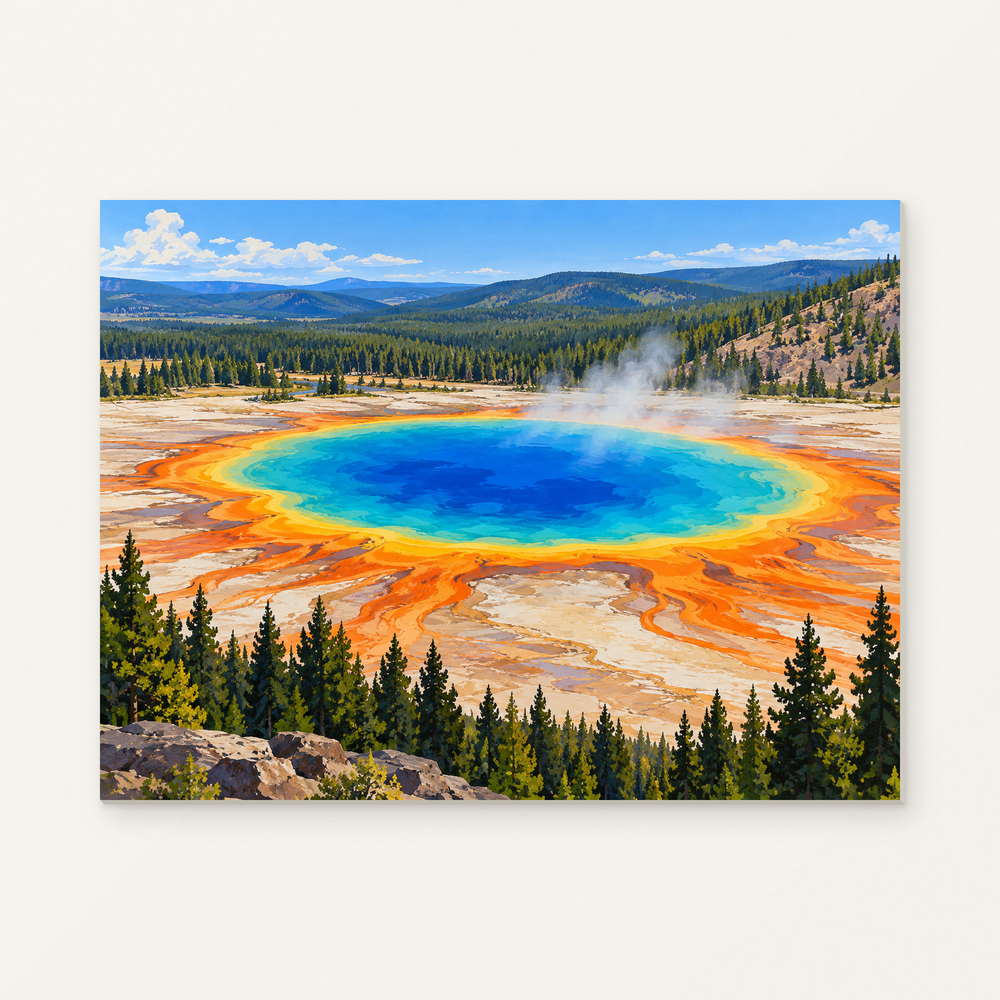 Yellowstone Grand Prismatic Paint by Numbers Kit — complete artwork displayed on a canvas against a warm off-white wall.