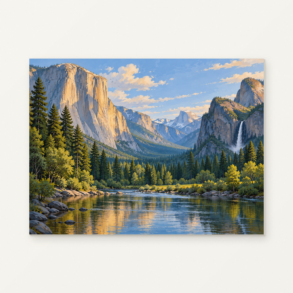 Yosemite Valley in Morning Light Paint by Numbers Kit — complete artwork displayed on a canvas against a warm off-white wall.