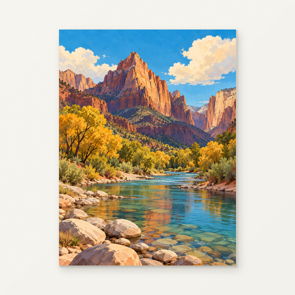 Zion River and the Watchman Paint by Numbers Kit — complete artwork displayed on a canvas against a warm off-white wall.