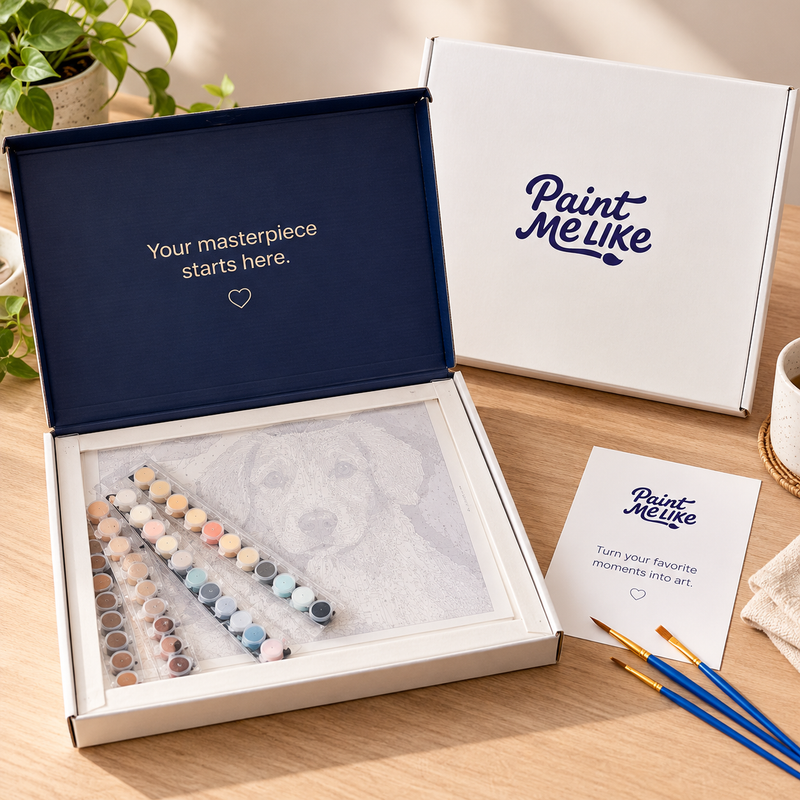 Paint Me Like kit packaging with canvas, paints and three brushes