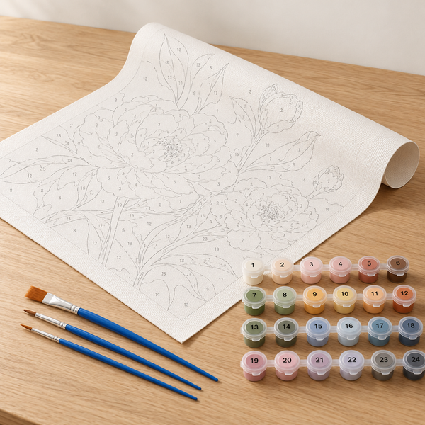 Illustration of an unframed paint-by-numbers kit with a loose numbered canvas, paint pots and three brushes