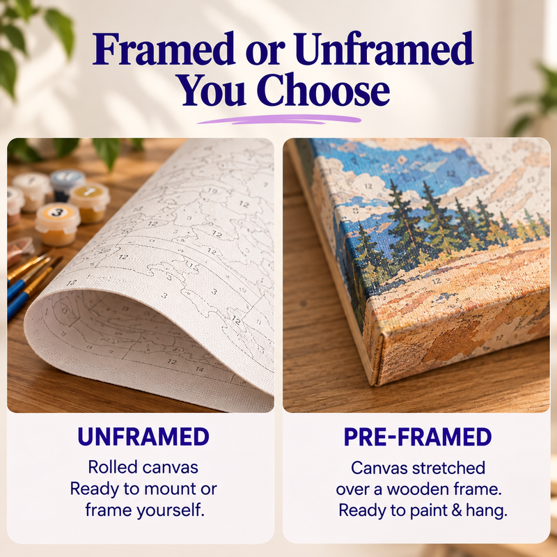 Choose unframed rolled canvas or canvas pre-stretched over a wooden frame