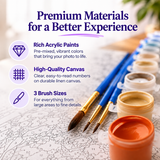 Premium materials: premixed acrylic paints, numbered canvas and three brush sizes